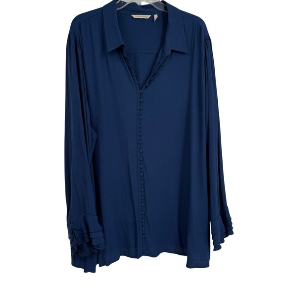 Soft Surroundings Tunic Blouse Blue Covered Buttons Ruffle Long Sleeve Size 3X - Picture 1 of 9